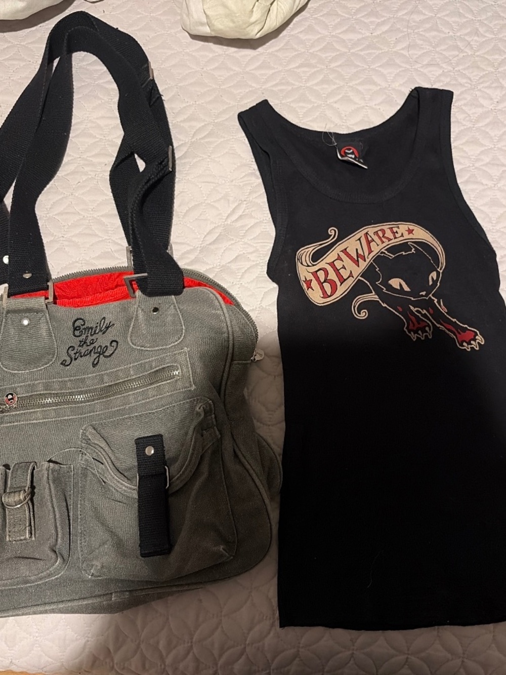 Super rare vintage deadstock Emily the strange beware tank top and gray grey bag